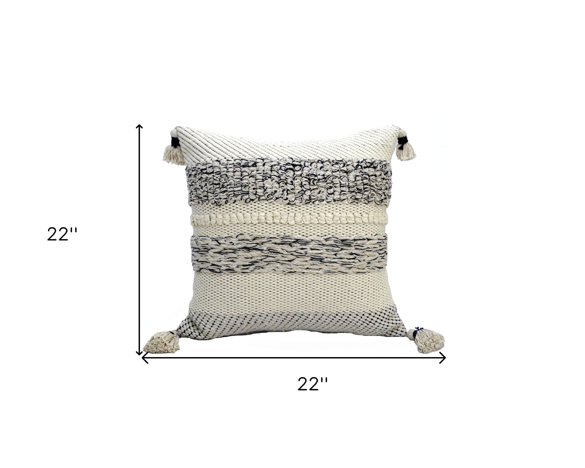 22" X 22" White And Black Zippered Cotton Blend Ribbed Throw Pillow With Tassels - Home Decor