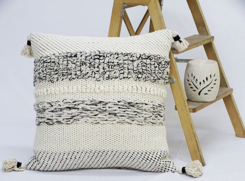 22" X 22" White And Black Zippered Cotton Blend Ribbed Throw Pillow With Tassels - Home Decor