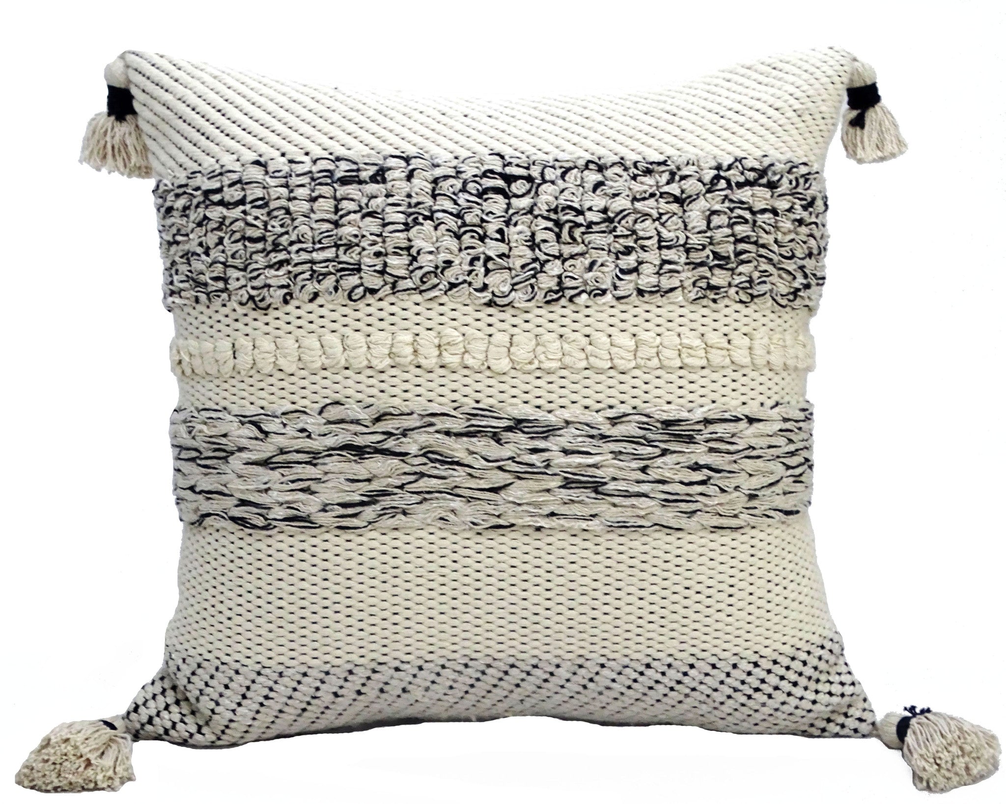 22" X 22" White And Black Zippered Cotton Blend Ribbed Throw Pillow With Tassels - Home Decor