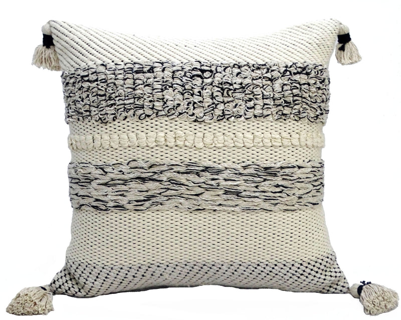 22" X 22" White And Black Zippered Cotton Blend Ribbed Throw Pillow With Tassels - Home Decor