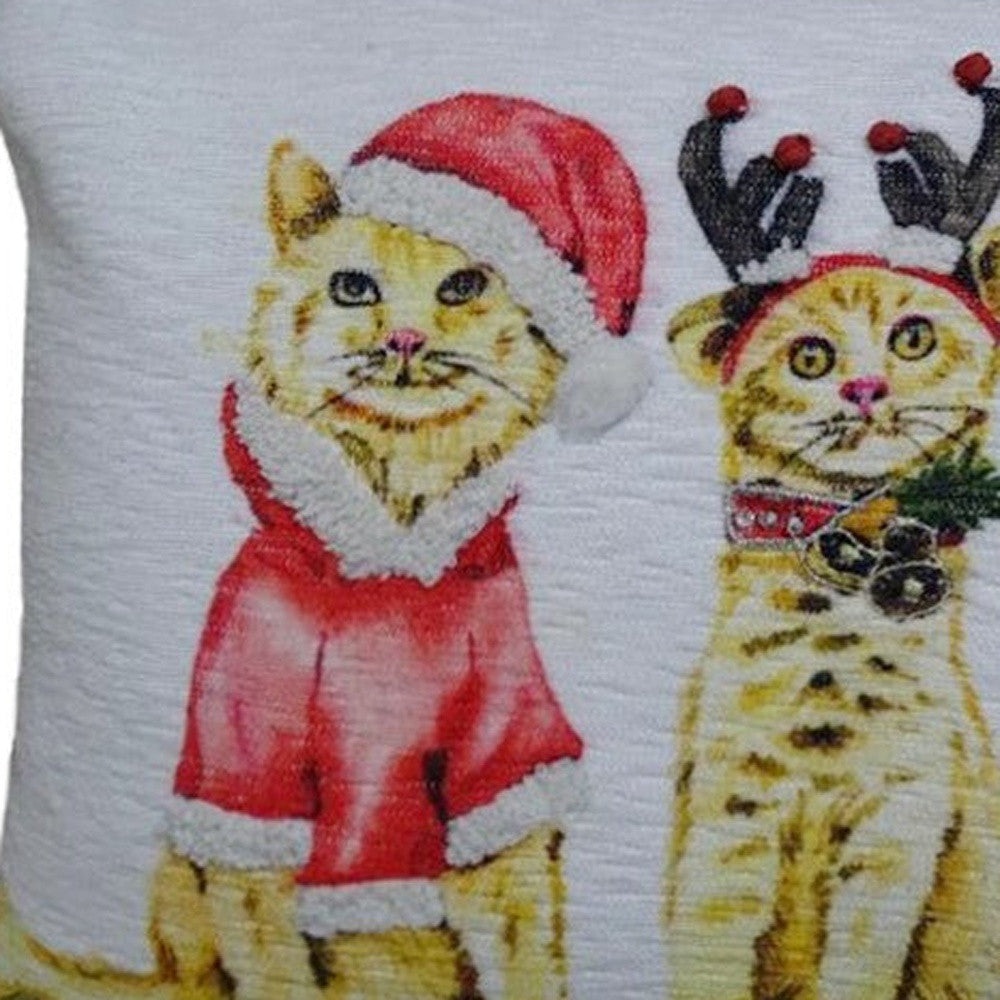 14" X 20" White And Red Cat Zippered Cotton Blend Christmas Throw Pillow - Home Decor