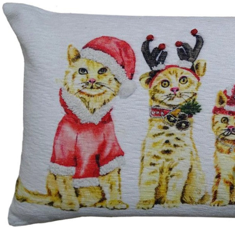 14" X 20" White And Red Cat Zippered Cotton Blend Christmas Throw Pillow - Home Decor