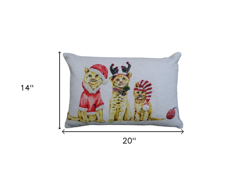 14" X 20" White And Red Cat Zippered Cotton Blend Christmas Throw Pillow - Home Decor
