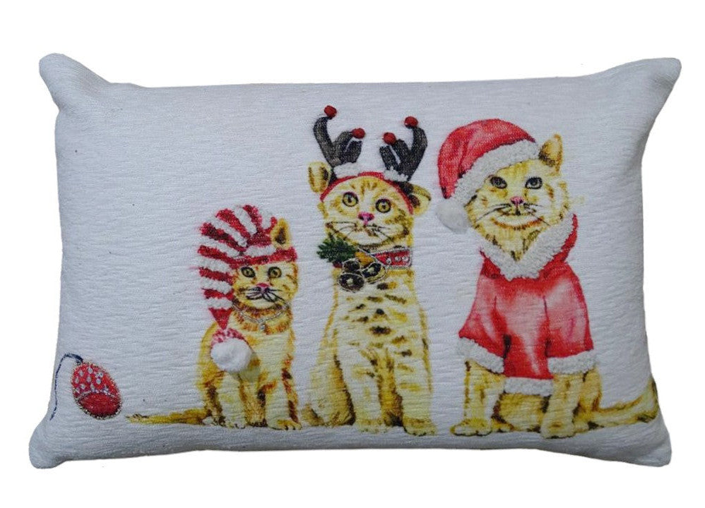 14" X 20" White And Red Cat Zippered Cotton Blend Christmas Throw Pillow - Home Decor
