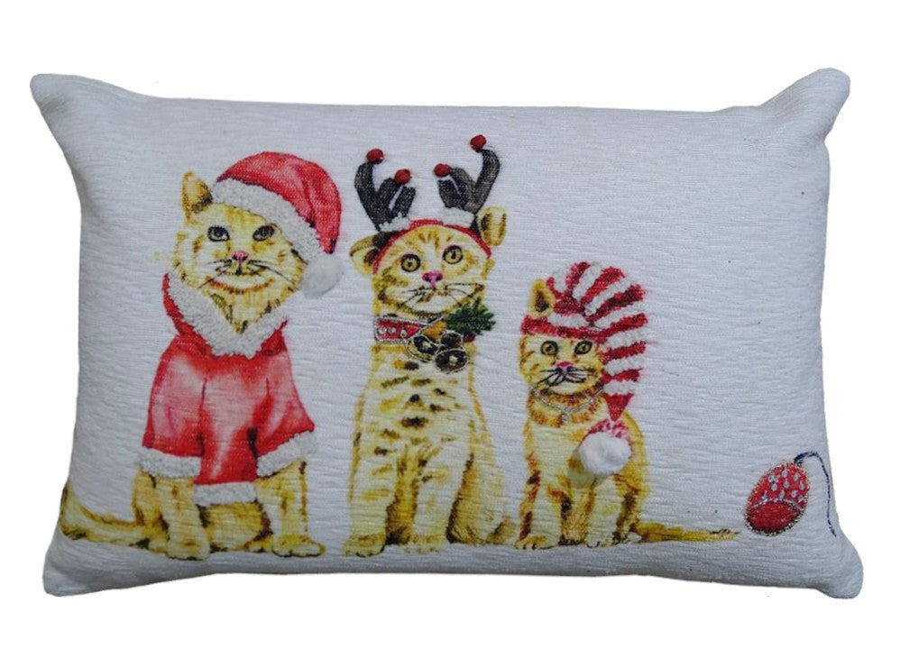 14" X 20" White And Red Cat Zippered Cotton Blend Christmas Throw Pillow - Home Decor
