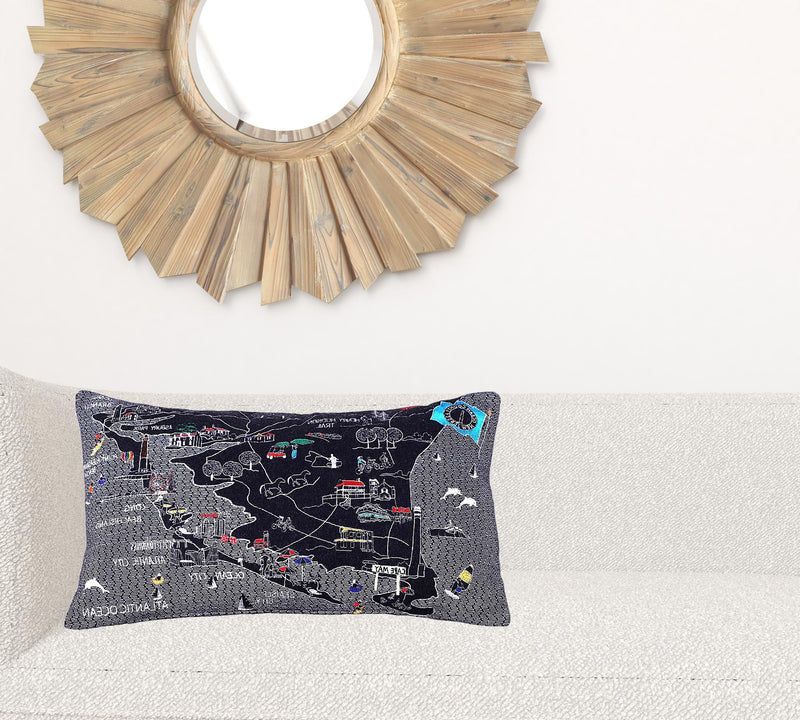 14" X 25" Black Gray and White Wool Zippered Pillow