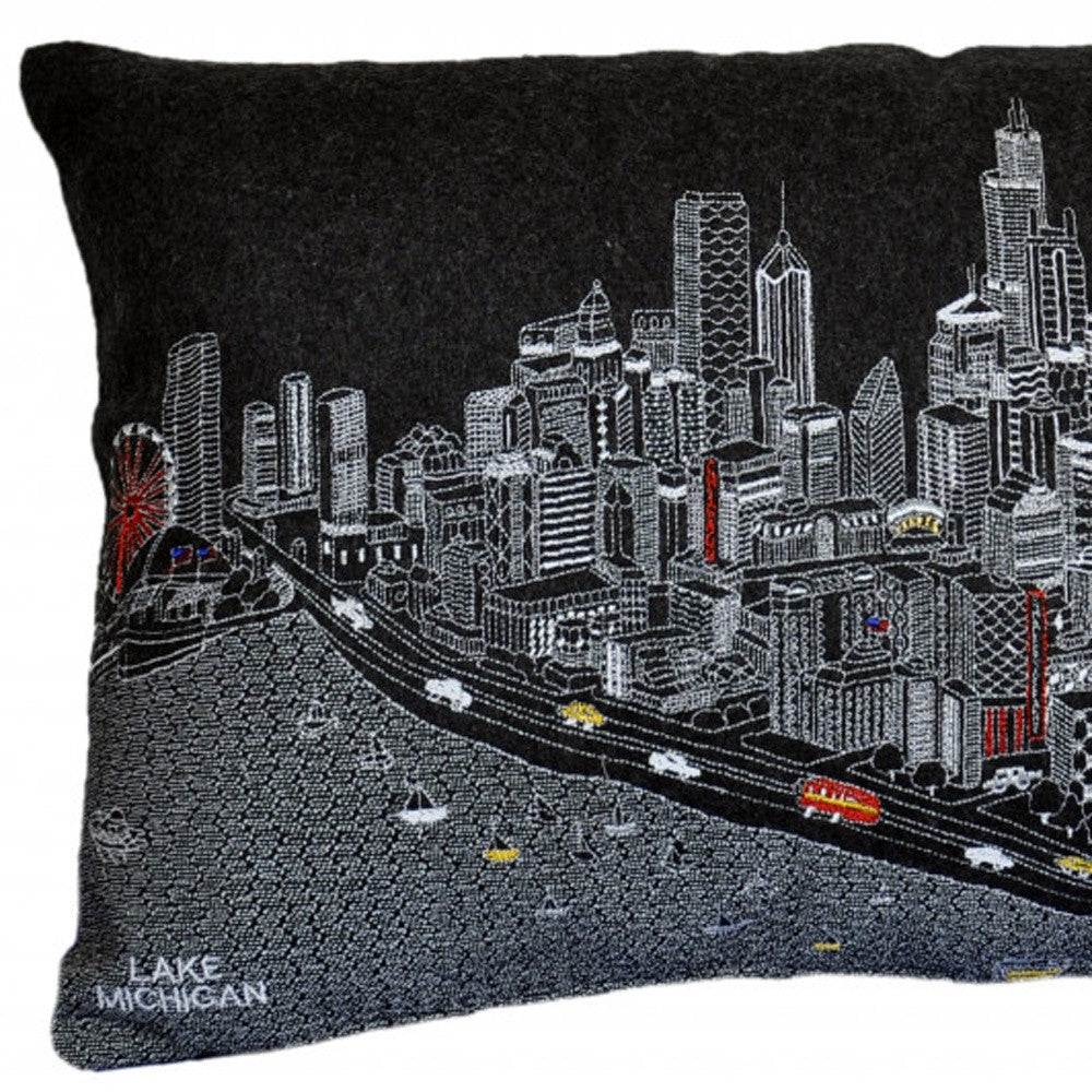 24" Black Chicago Nighttime Skyline Lumbar Decorative Pillow