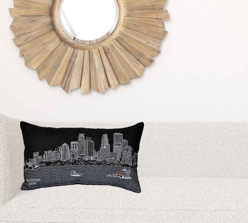 24" Black Minneapolis Nighttime Skyline Lumbar Decorative Pillow