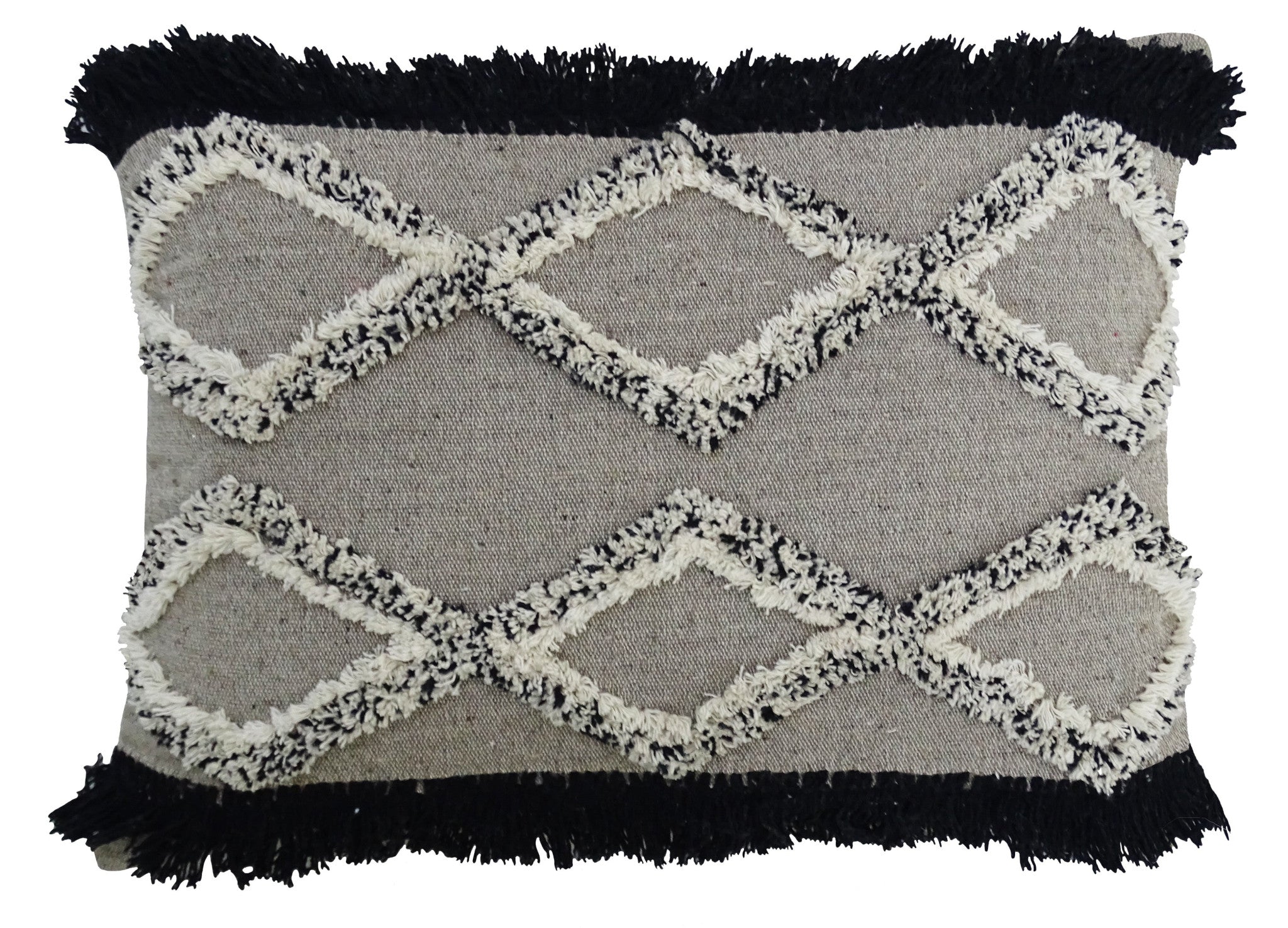 16" X 22" Black And Gray Diamond Handmade Cotton Blend Throw Pillow With Fringe - Home Decor