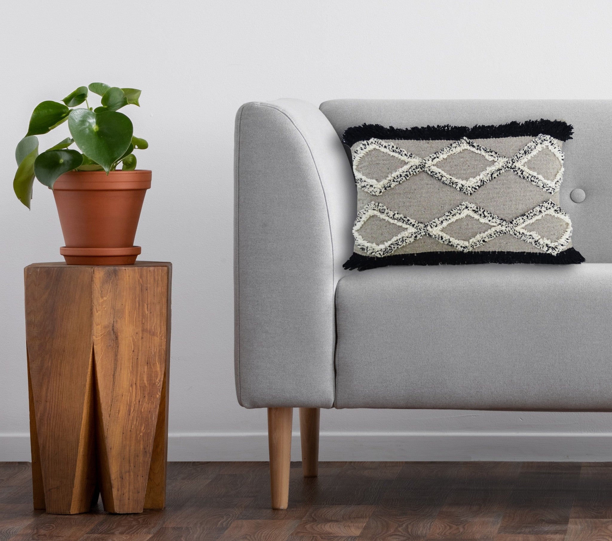16" X 22" Black And Gray Diamond Handmade Cotton Blend Throw Pillow With Fringe - Home Decor