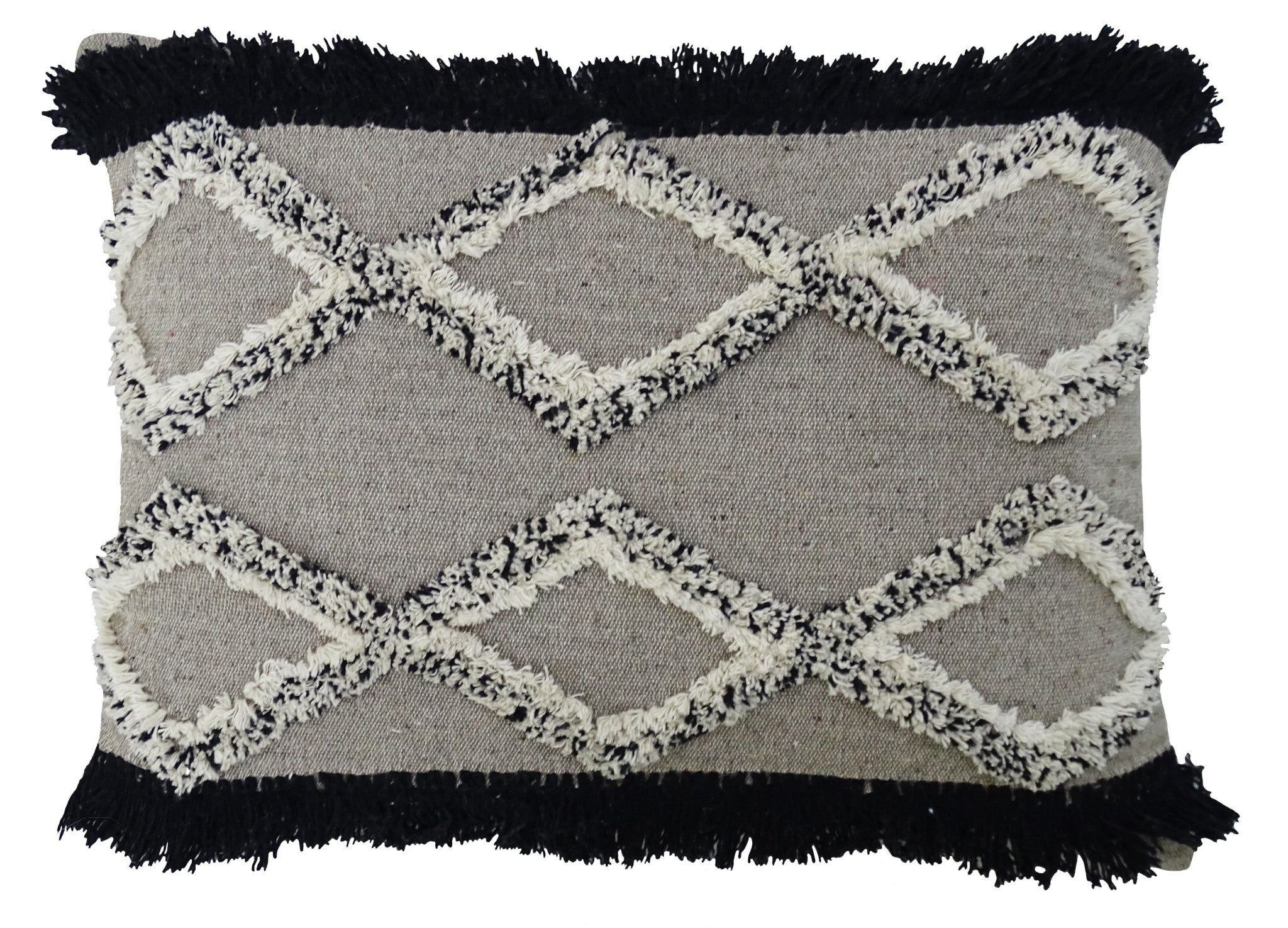 16" X 22" Black And Gray Diamond Handmade Cotton Blend Throw Pillow With Fringe - Home Decor