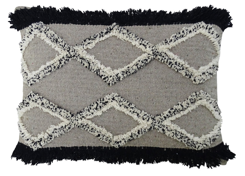 16" X 22" Black And Gray Diamond Handmade Cotton Blend Throw Pillow With Fringe - Home Decor