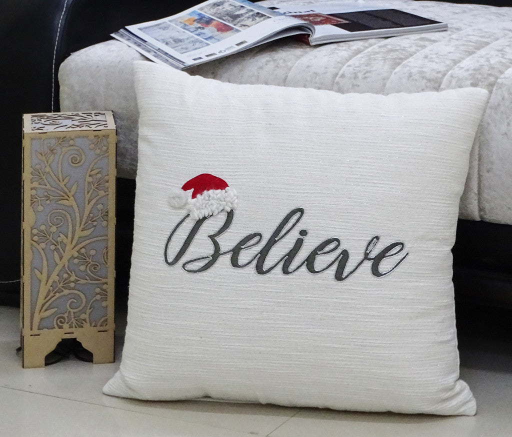 20" X 20" White Cotton Blend Believe Christmas Throw Pillow - Home Decor