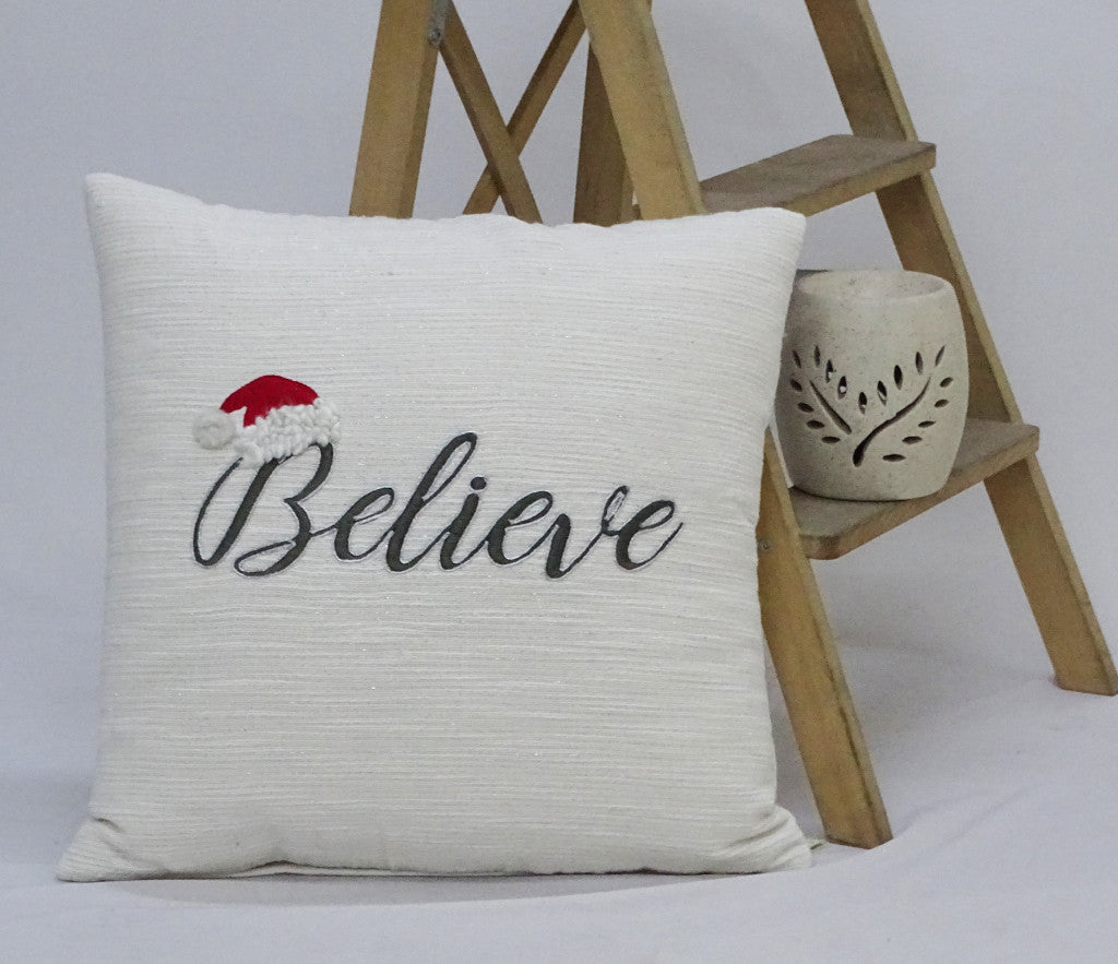 20" X 20" White Cotton Blend Believe Christmas Throw Pillow - Home Decor
