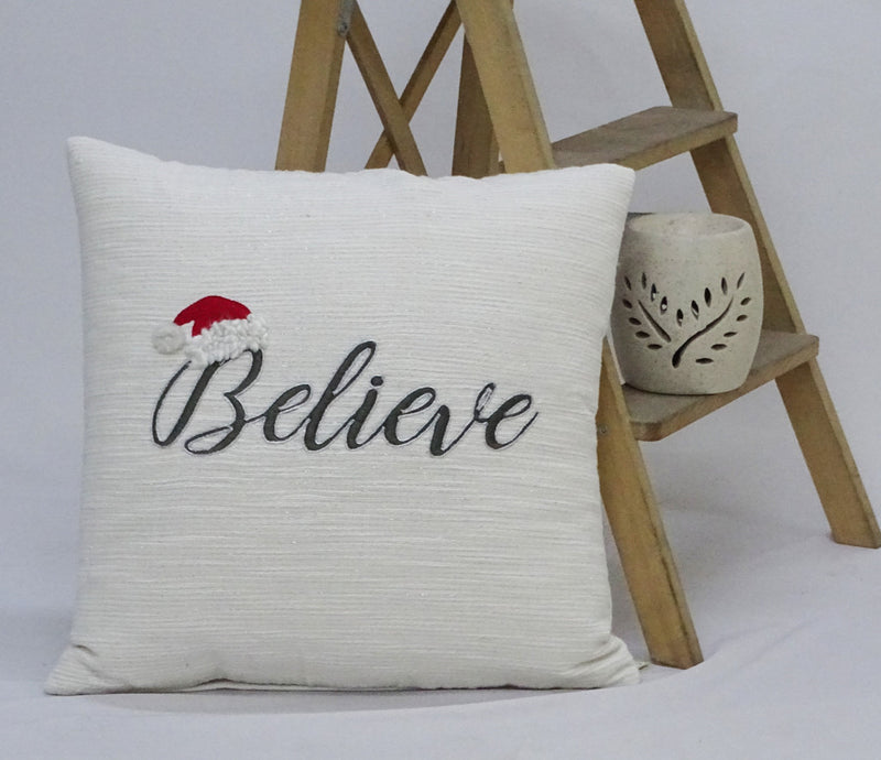 20" X 20" White Cotton Blend Believe Christmas Throw Pillow - Home Decor