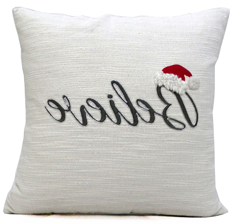 20" X 20" White Cotton Blend Believe Christmas Throw Pillow - Home Decor