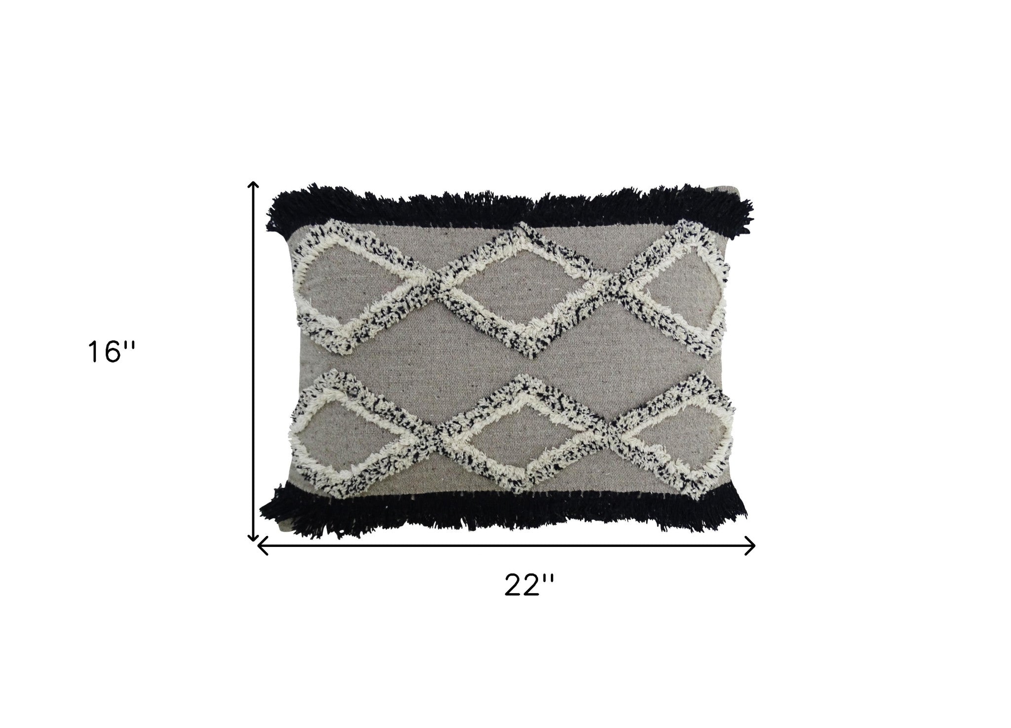 16" X 22" Black And Gray Diamond Handmade Cotton Blend Throw Pillow With Fringe - Home Decor