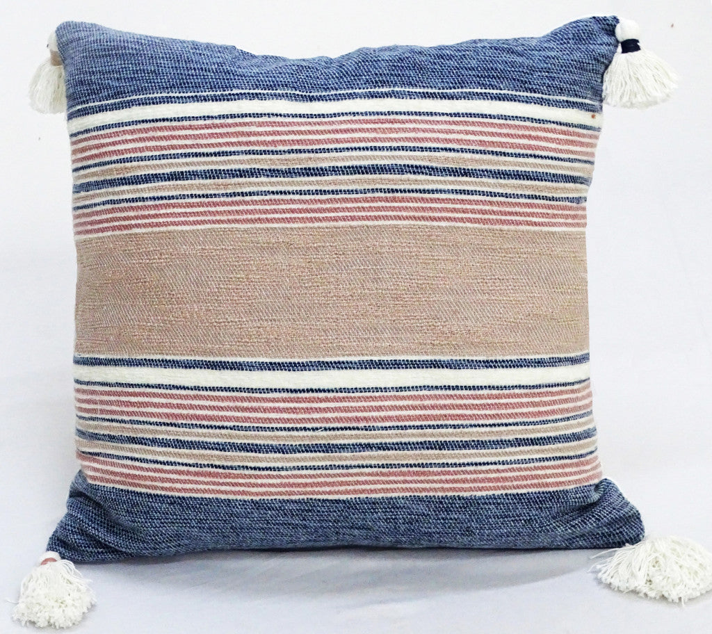 22" X 22" Blue And Tan Striped Handmade Throw Pillow With Tassels - Home Decor
