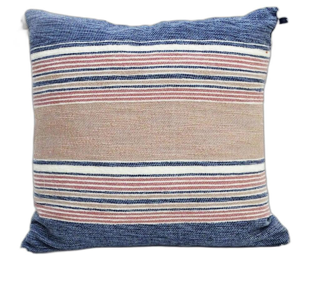 22" X 22" Blue And Tan Striped Handmade Throw Pillow With Tassels - Home Decor