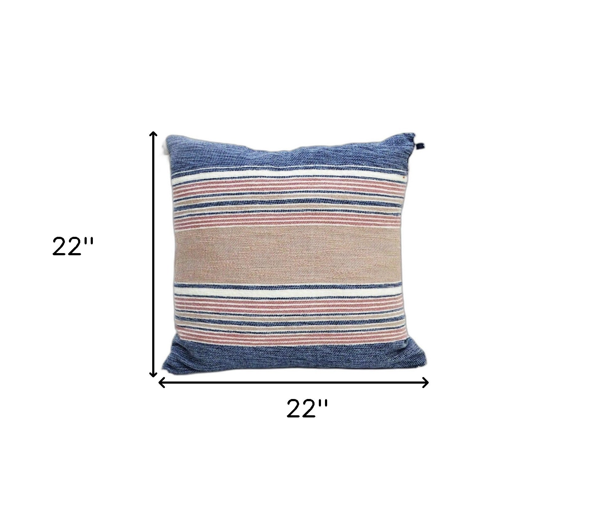 22" X 22" Blue And Tan Striped Handmade Throw Pillow With Tassels - Home Decor