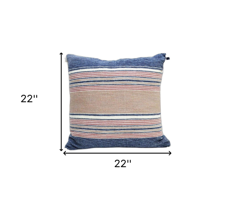 22" X 22" Blue And Tan Striped Handmade Throw Pillow With Tassels - Home Decor