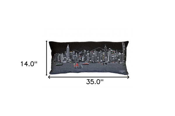 35" Black Hong Kong Nighttime Skyline Lumbar Decorative Pillow Default Title