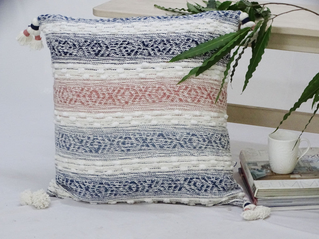22" X 22" Blue And Peach Southwestern Stripe Handmade Throw Pillow With Tassels - Home Decor