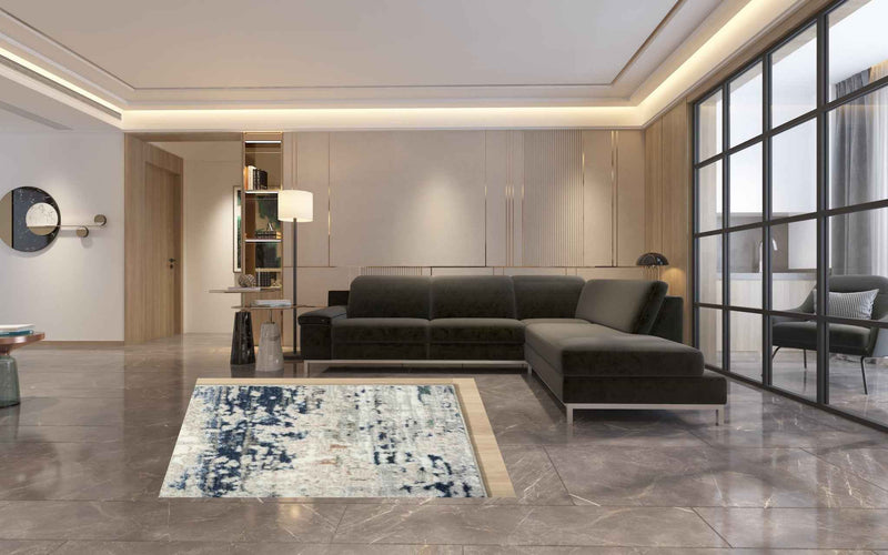 5' X 7' Beige Cream Blue And Gray Abstract Stain Resistant Area Rug