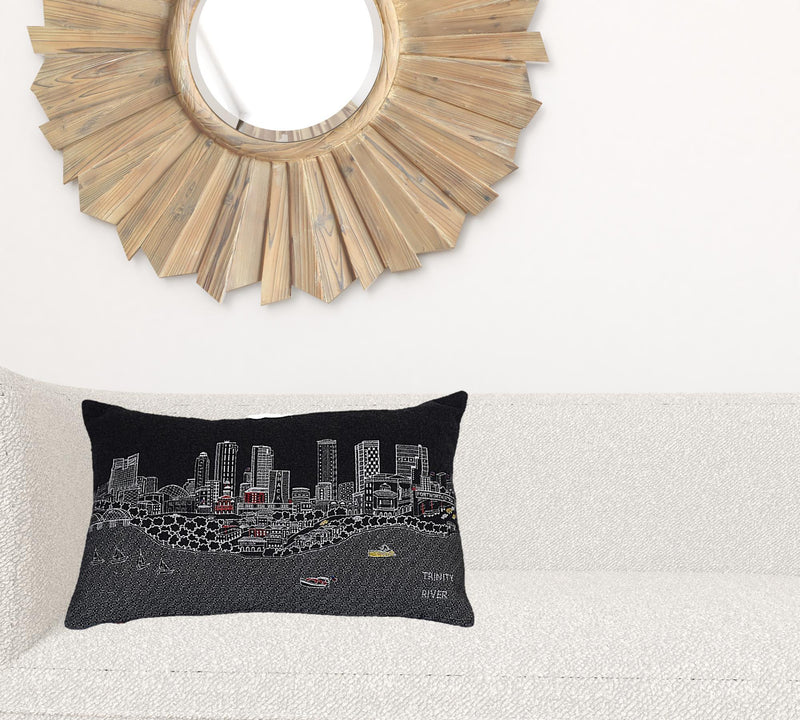 24" Black Fort Worth Nighttime Skyline Lumbar Decorative Pillow