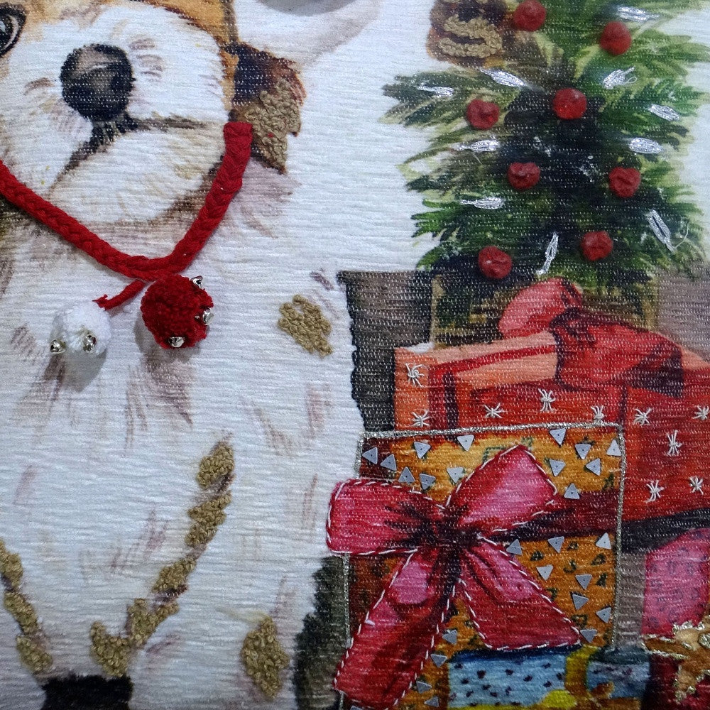 20" X 20" Red And White Dog Zippered Handmade Cotton Blend Christmas Throw Pillow With Pom Poms - Home Decor