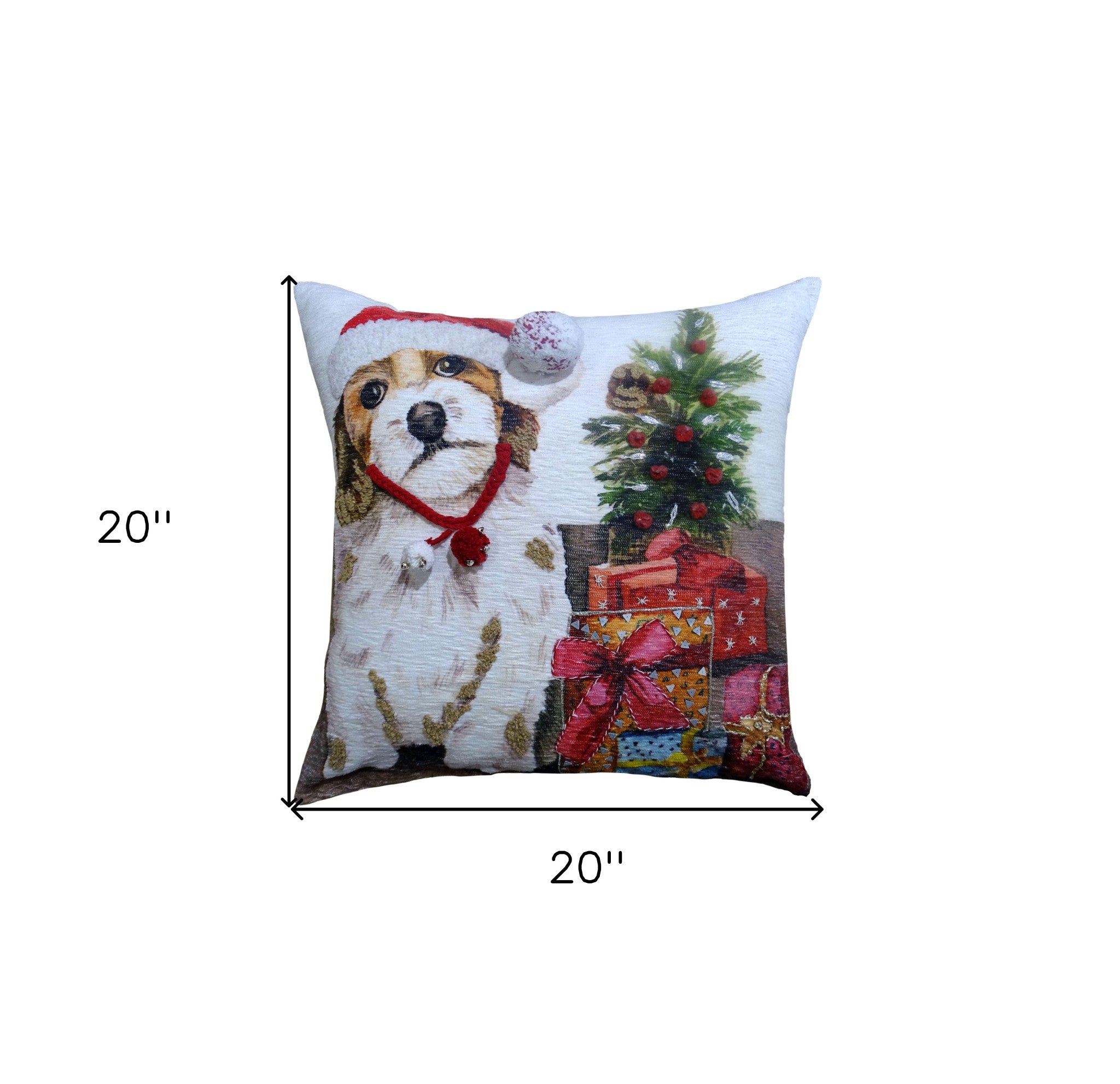 20" X 20" Red And White Dog Zippered Handmade Cotton Blend Christmas Throw Pillow With Pom Poms - Home Decor