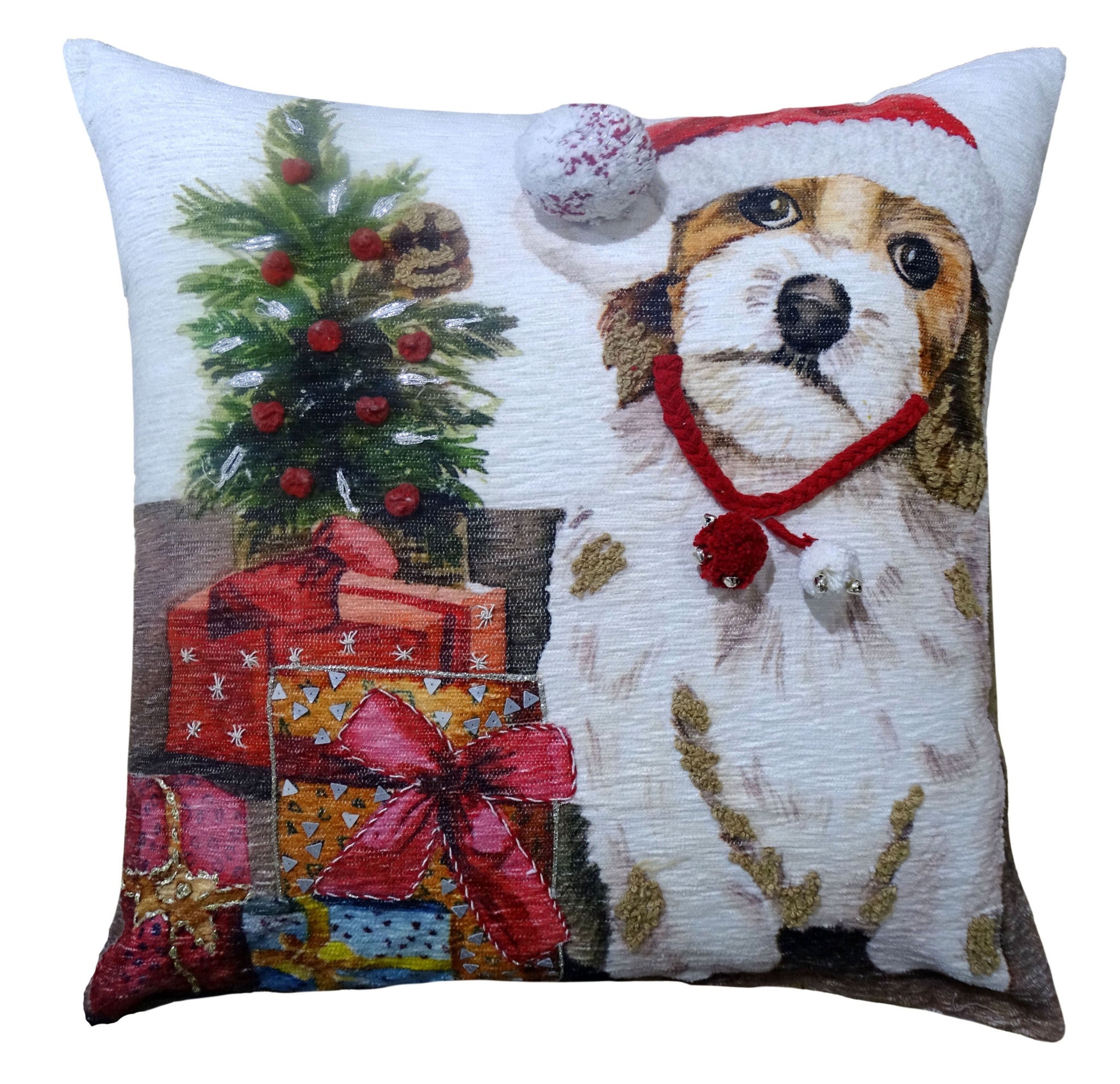 20" X 20" Red And White Dog Zippered Handmade Cotton Blend Christmas Throw Pillow With Pom Poms - Home Decor