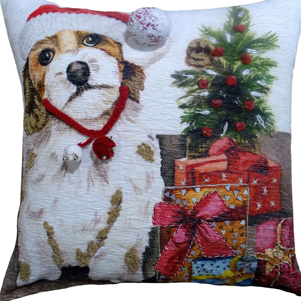 20" X 20" Red And White Dog Zippered Handmade Cotton Blend Christmas Throw Pillow With Pom Poms - Home Decor