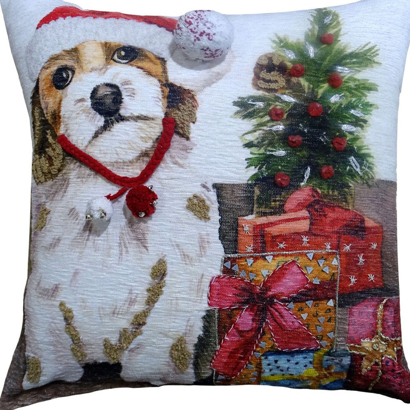 20" X 20" Red And White Dog Zippered Handmade Cotton Blend Christmas Throw Pillow With Pom Poms - Home Decor