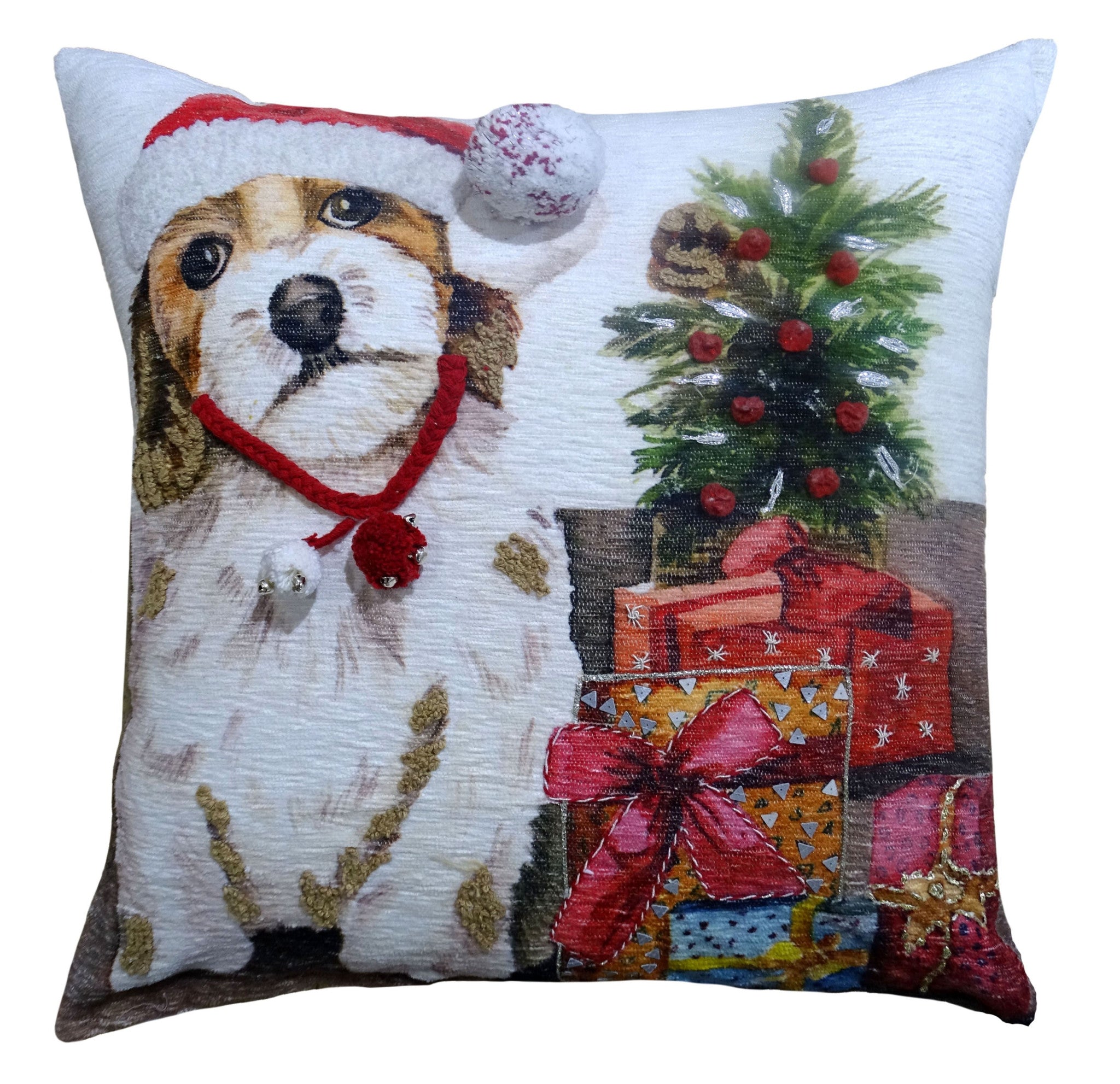 20" X 20" Red And White Dog Zippered Handmade Cotton Blend Christmas Throw Pillow With Pom Poms - Home Decor