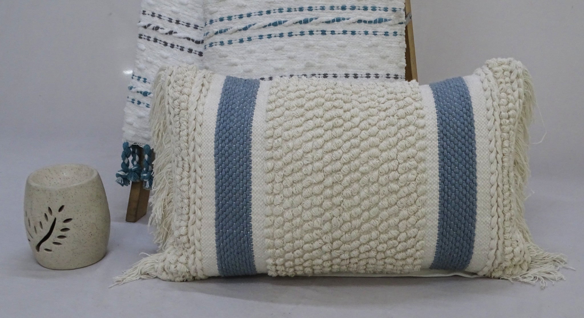 14" X 24" Cream And Light Blue Handmade Nubby Texture Throw Pillow With Fringe - Home Decor