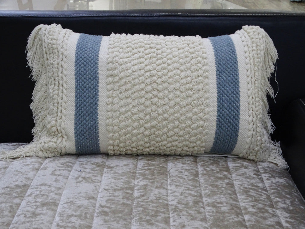 14" X 24" Cream And Light Blue Handmade Nubby Texture Throw Pillow With Fringe - Home Decor