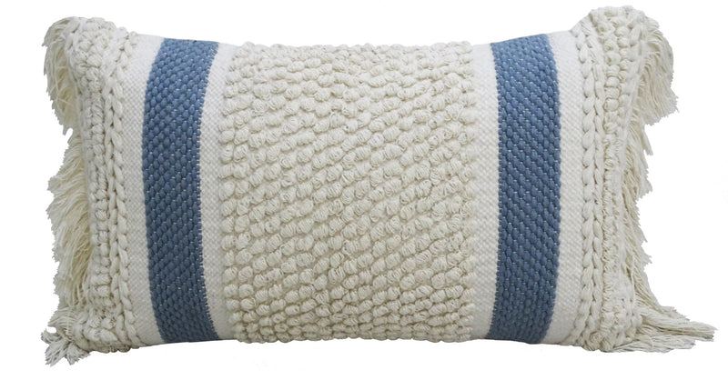 14" X 24" Cream And Light Blue Handmade Nubby Texture Throw Pillow With Fringe - Home Decor