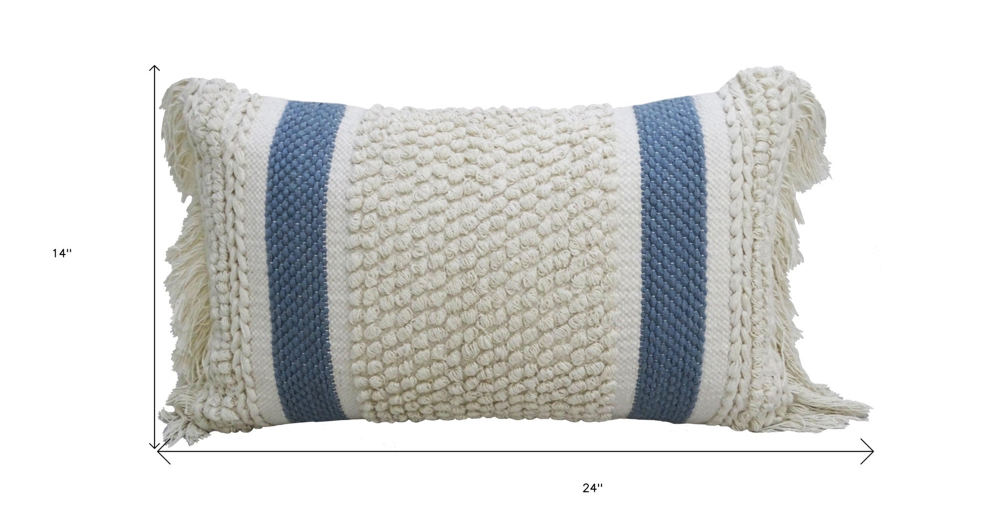 14" X 24" Cream And Light Blue Handmade Nubby Texture Throw Pillow With Fringe - Home Decor