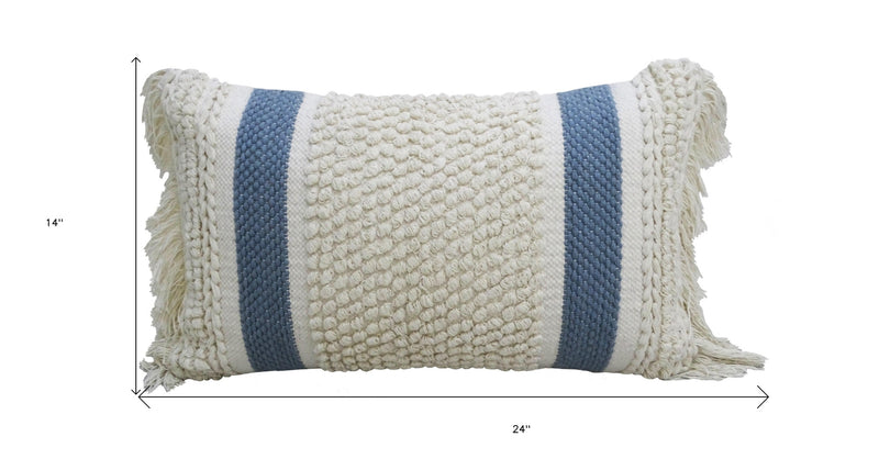 14" X 24" Cream And Light Blue Handmade Nubby Texture Throw Pillow With Fringe - Home Decor