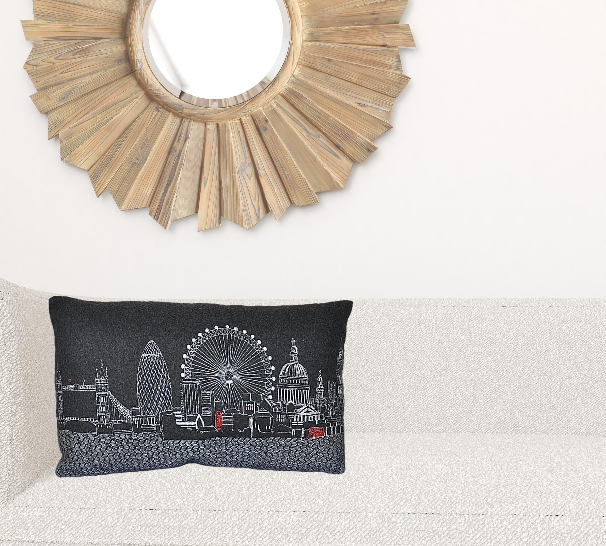 24" Black and White London Nighttime Skyline Lumbar Decorative Pillow