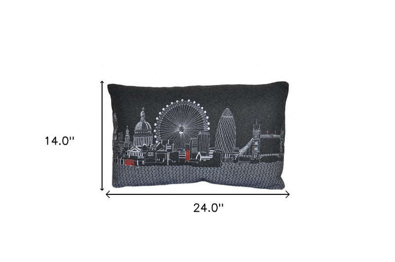 24" Black and White London Nighttime Skyline Lumbar Decorative Pillow
