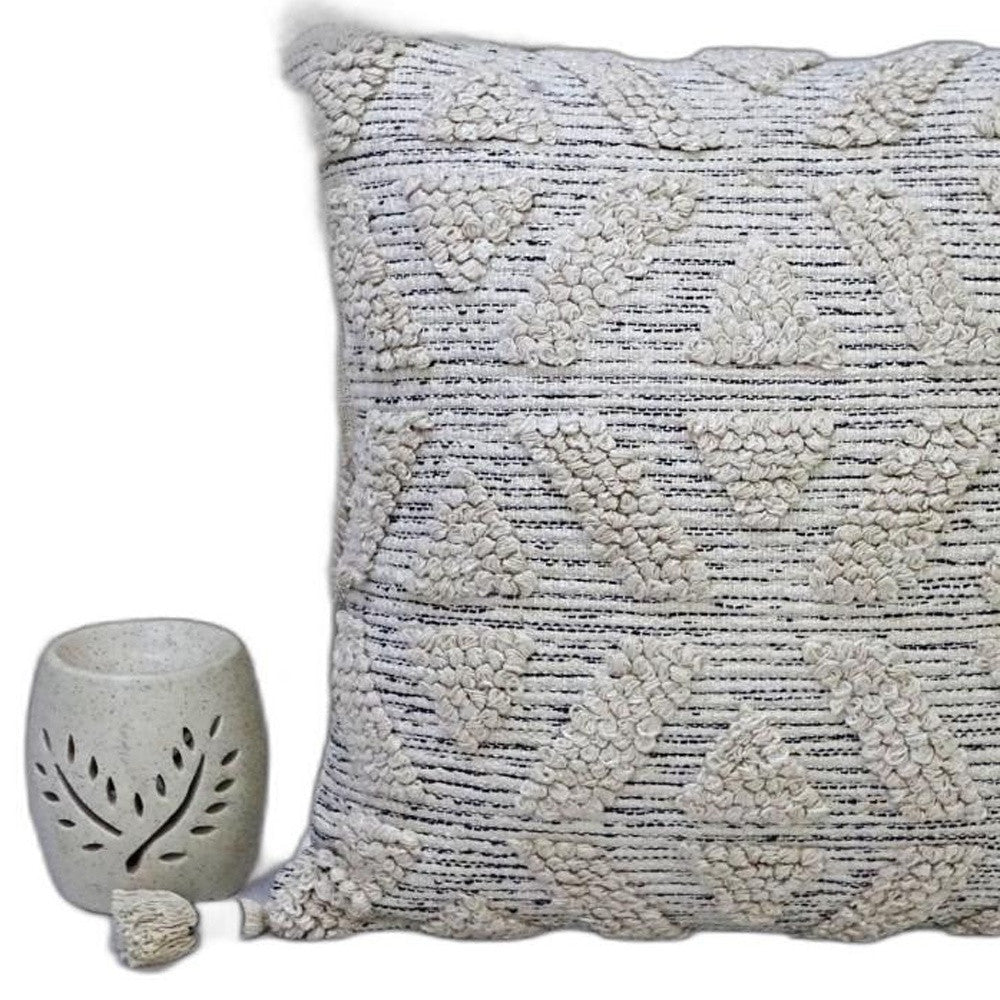22" X 22" Off White Geometric Zippered Handmade Cotton Blend Throw Pillow With Tassels - Home Decor