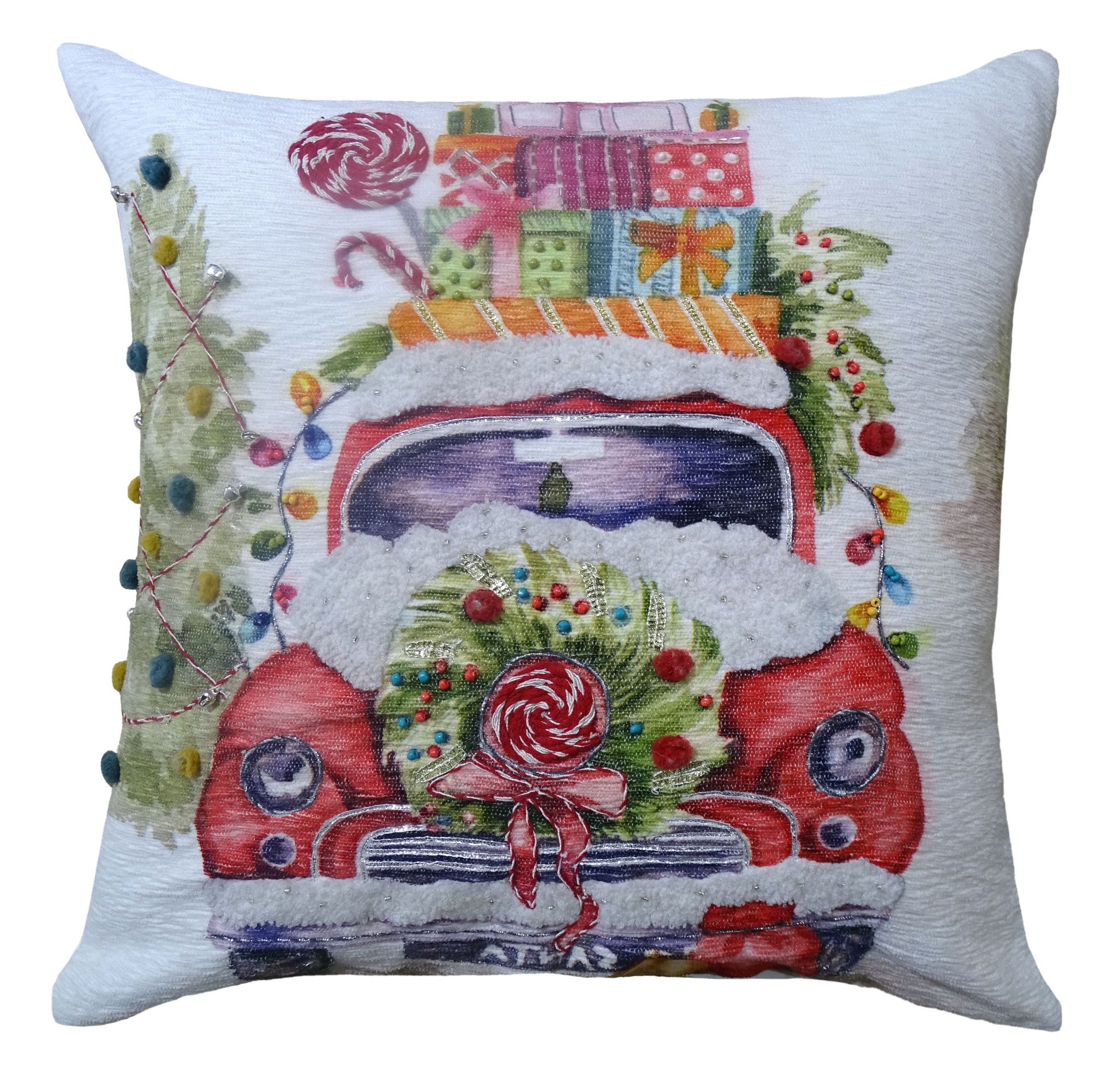 20" X 20" Green And Red Zippered Handmade Cotton Blend Christmas Holiday Van Throw Pillow With Pom Poms - Home Decor
