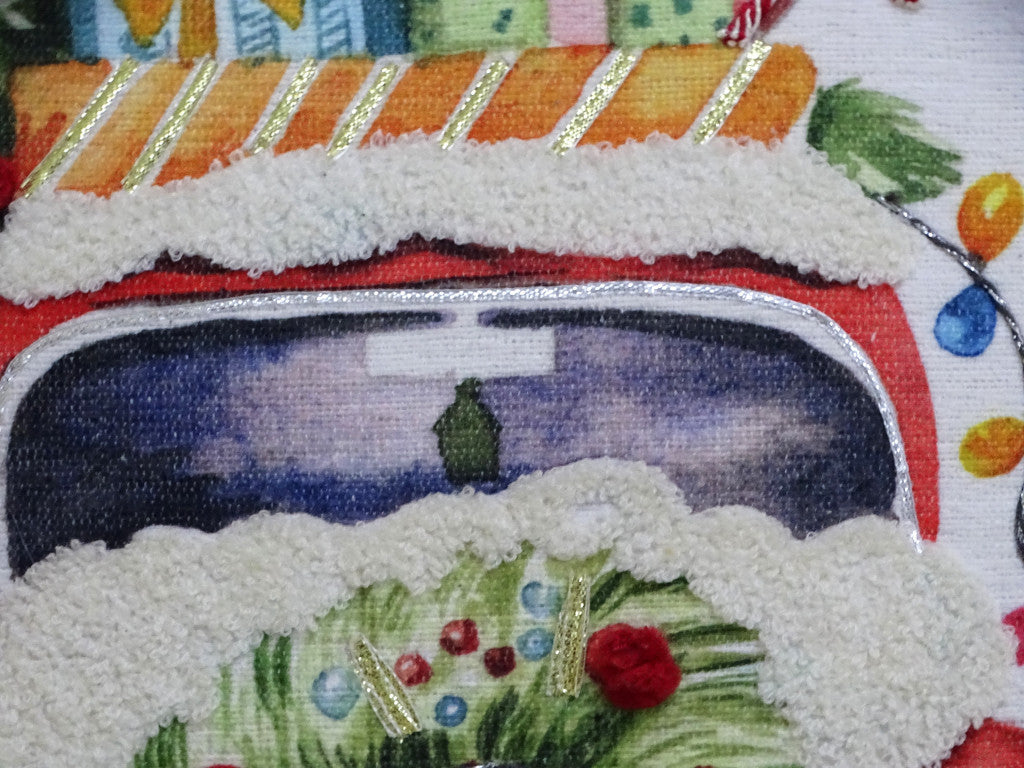20" X 20" Green And Red Zippered Handmade Cotton Blend Christmas Holiday Van Throw Pillow With Pom Poms - Home Decor