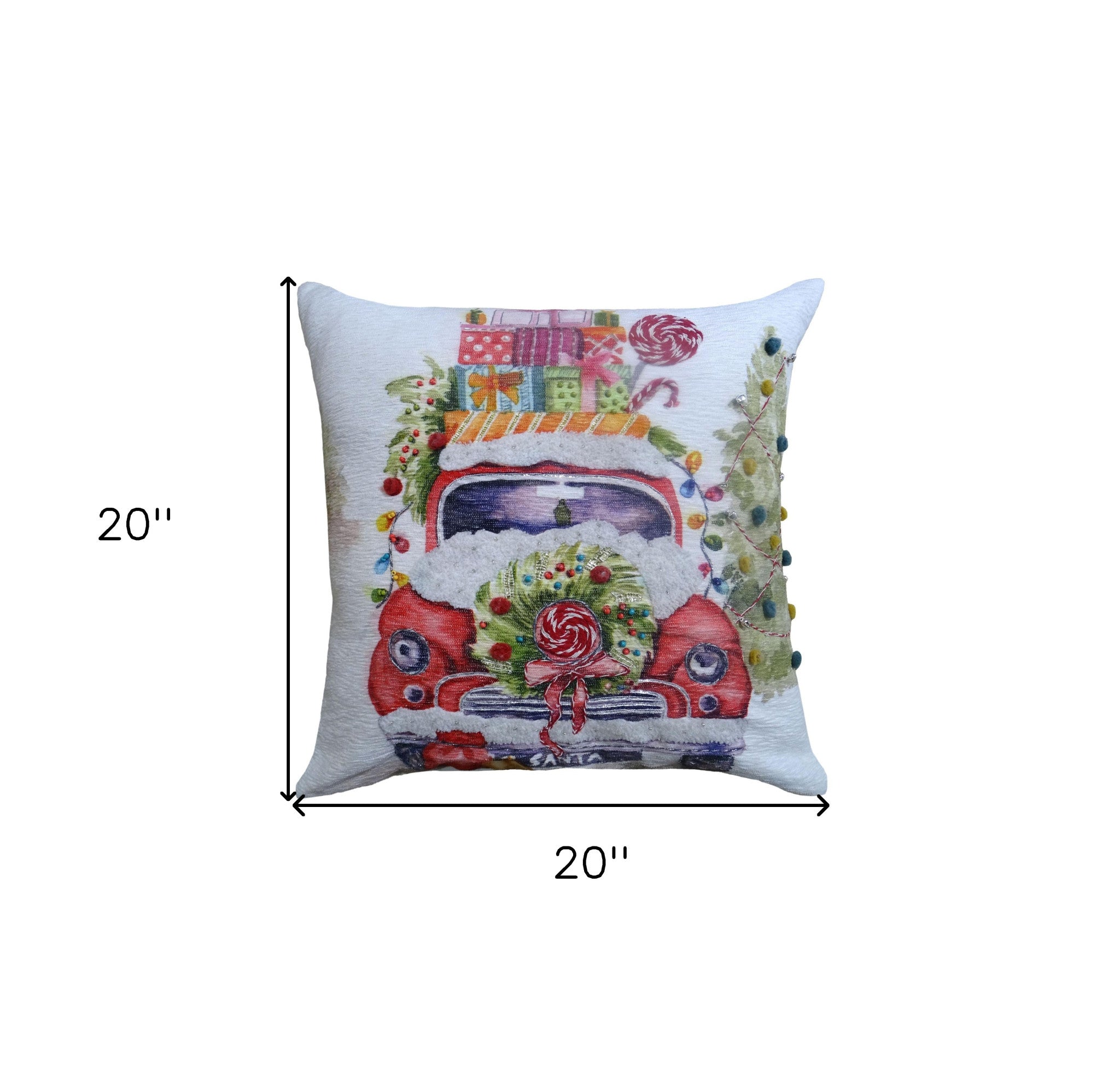 20" X 20" Green And Red Zippered Handmade Cotton Blend Christmas Holiday Van Throw Pillow With Pom Poms - Home Decor