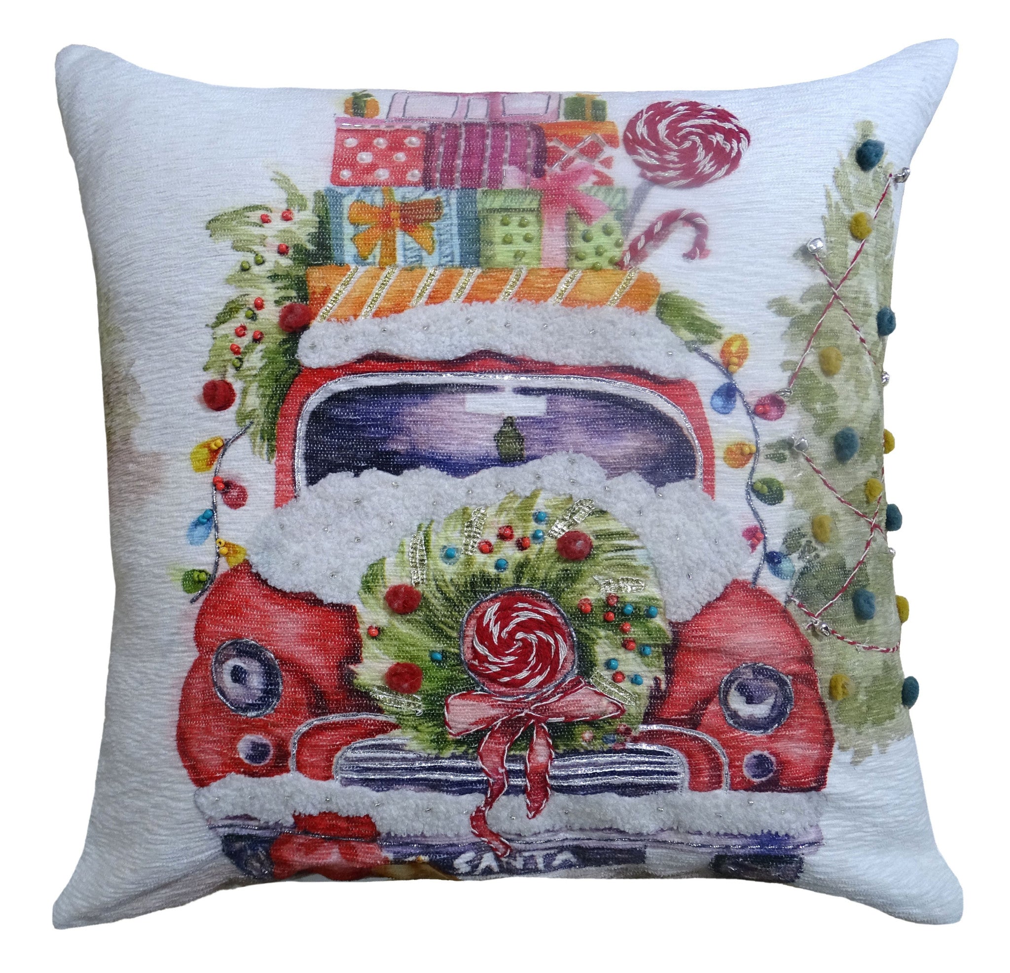 20" X 20" Green And Red Zippered Handmade Cotton Blend Christmas Holiday Van Throw Pillow With Pom Poms - Home Decor