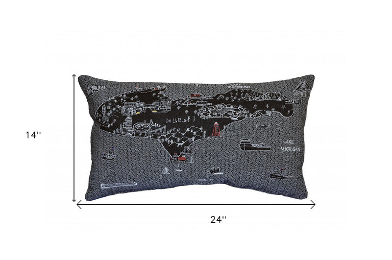 24" Black Michigan Upper Peninsula Nighttime Skyline Lumbar Decorative Pillow