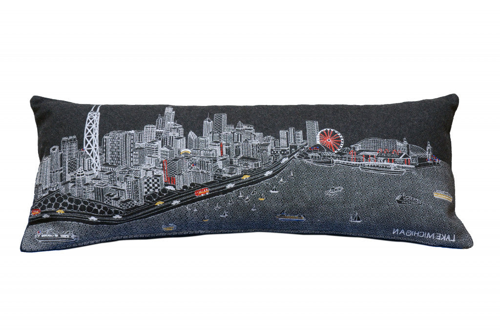 35" Black Chicago Nighttime Skyline Lumbar Decorative Pillow Default Title
