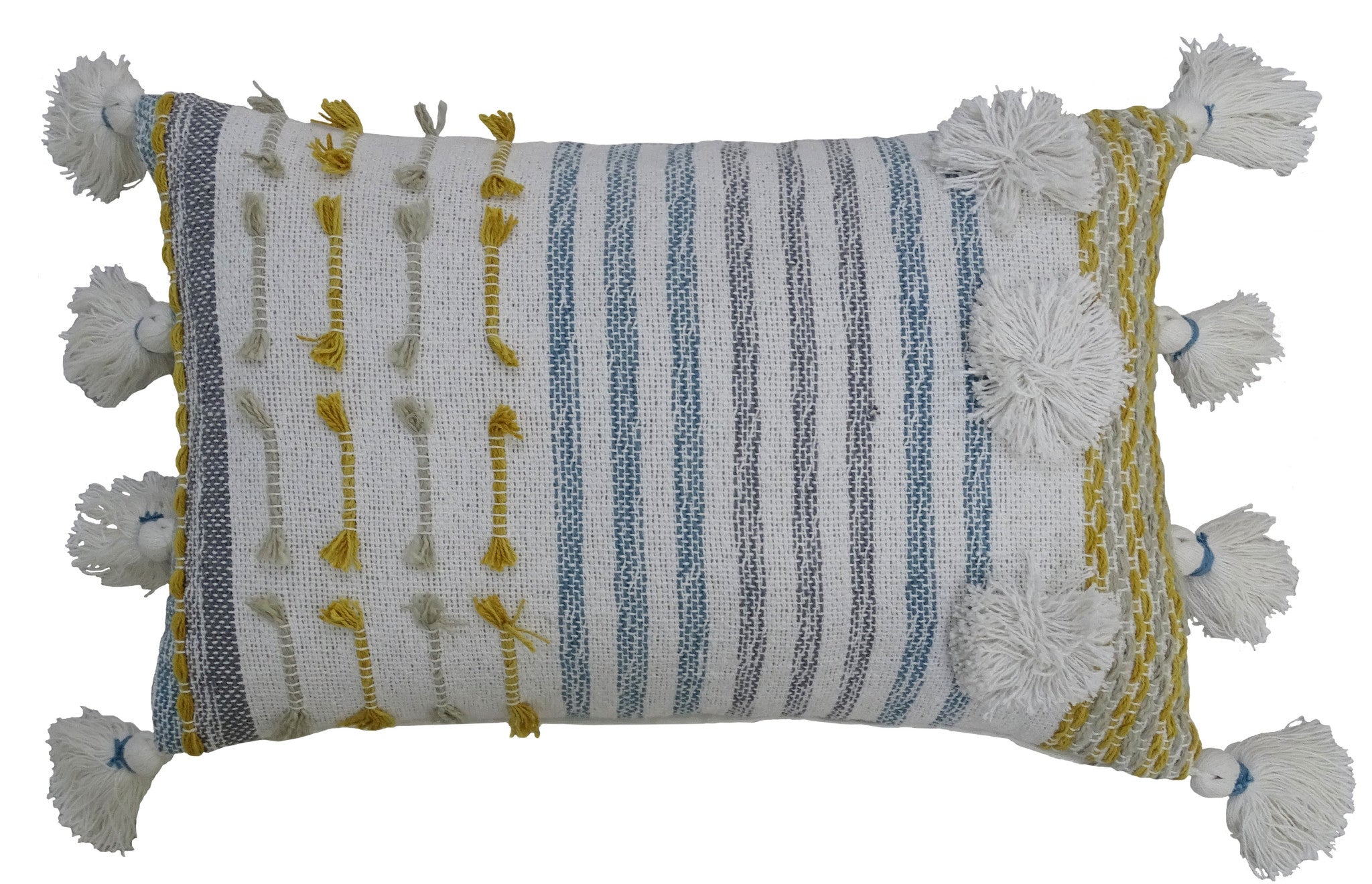 14" X 20" Blue and Yellow Striped Cotton Blend Zippered Pillow With Tassels - Home Decor